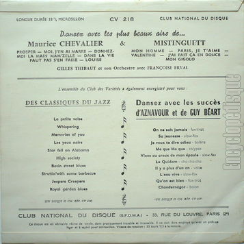 [Pochette de Joue les succs de Mistingett Chevalier (Gilles THIBAUT) - verso]