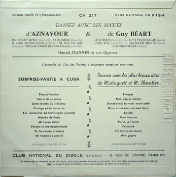 [Pochette de Dansez avec les succs d’Aznavour et de Guy Bart (Daniel JEANNIN et son quartett) - verso]