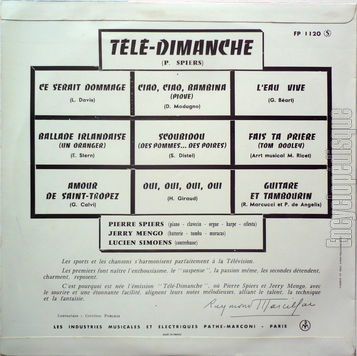 [Pochette de Tl-dimanche (Pierre SPIERS et Jerry MENGO) - verso]