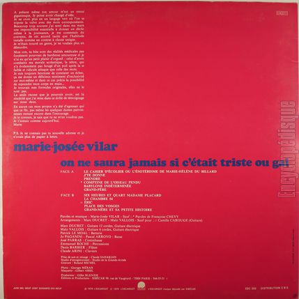 [Pochette de On ne saura jamais si c’tait triste ou gai (Marie-Jose VILAR) - verso]