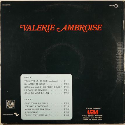 [Pochette de Vous tes l, ce soir / Un arbre de neige / Dans ma maison de "plein soleil" (Valrie AMBROISE) - verso]