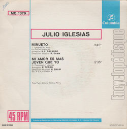 [Pochette de Minueto / Mi amor es mas joven que yo (Julio IGLESIAS) - verso]
