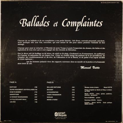 [Pochette de Ballades et complaintes (Marcel VETTE) - verso]