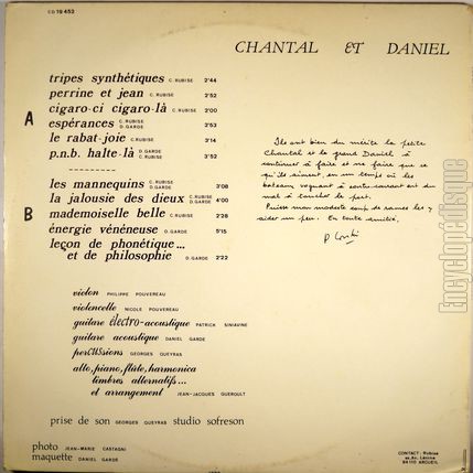 [Pochette de Tripes synthtiques / Perrine et Jean / Cigaro-ci cigaro-l … (CHANTAL et DANIEL) - verso]