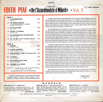 [Pochette de De L’accordoniste  Milord - Volume 1 (dith PIAF) - verso]