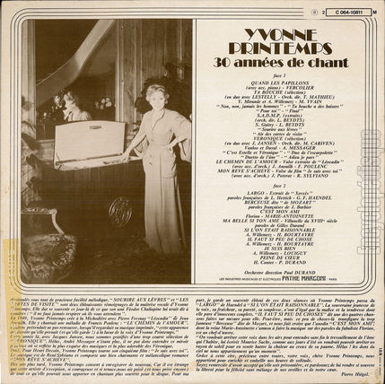 [Pochette de 30 annes de chant 1923 - 1953 (Yvonne PRINTEMPS) - verso]