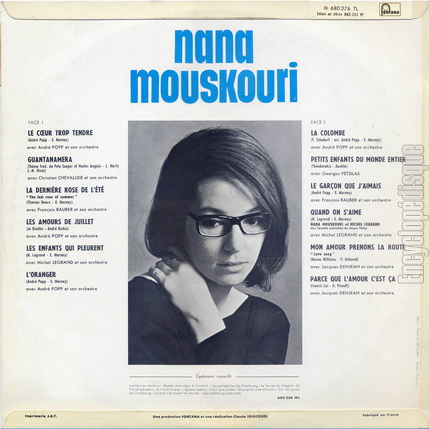 [Pochette de Le cœur trop tendre, L’oranger, La colombe… (Nana MOUSKOURI) - verso]