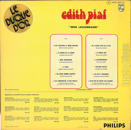 [Pochette de Mon lgionnaire - Le disque d’or (dith PIAF) - verso]