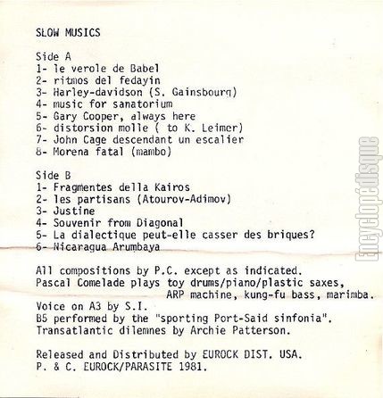 [Pochette de Slow musics (Pascal COMELADE) - verso]