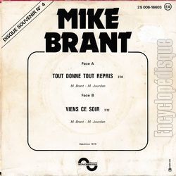 [Pochette de Tout donn, tout repris / Viens ce soir - disque souvenir n 4 (Mike BRANT) - verso]