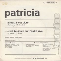 [Pochette de Aimer c’est vivre (PATRICIA) - verso]