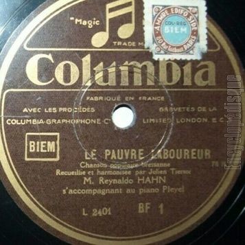 [Pochette de Reynaldo Hahn -  Le retour du marin / Le pauvre laboureur  (Columbia BF) - verso]