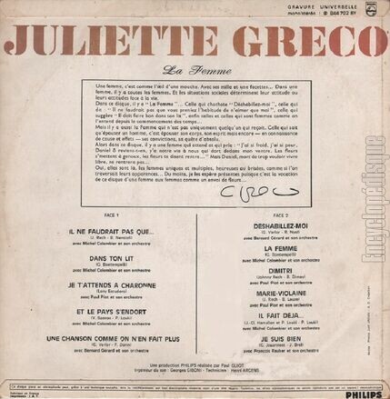 [Pochette de La femme (Juliette GRCO) - verso]