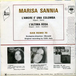 [Pochette de L’amore e’ una colomba / L’ultima rosa (Marisa SANNIA) - verso]