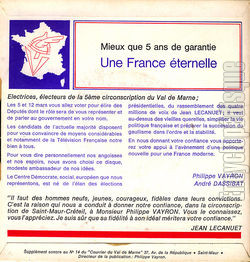 [Pochette de Philippe VAYRON et Andr DASSIBAT avec Jean LECANUET (Candidats du Centre Dmocrate) (POLITIQUE, SOCIAL) - verso]