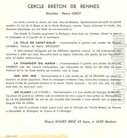 [Pochette de 4 chants de Bretagne (CHORALE DU CERCLE BRETON DE RENNES) - verso]