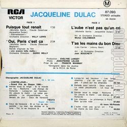 [Pochette de Puisque tout renat (Jacqueline DULAC) - verso]