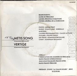 [Pochette de Metis song (Dominique BEAUMONT) - verso]