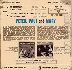 [Pochette de PETER, PAUL AND MARY "Le dserteur" (Les FRANCOPHILES) - verso]