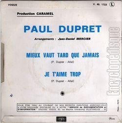 [Pochette de Mieux vaut tard que jamais (Paul DUPRET) - verso]