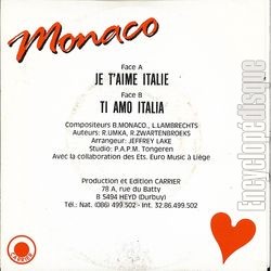 [Pochette de Je t’aime Italie (MONACO) - verso]