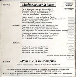 [Pochette de Arrtez de tuer la terre (Francis JOHAN) - verso]