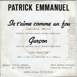 [Pochette de Je t’aime comme un fou (Patrick EMMANUEL) - verso]