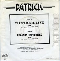 [Pochette de Tu disparais de ma vie (PATRICK) - verso]