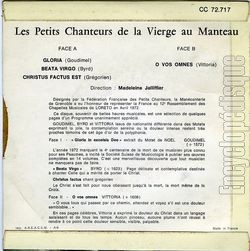 [Pochette de Gloria (Les PETITS CHANTEURS DE LA VIERGE AU MANTEAU DE LA CATHDRALE DE GRENOBLE) - verso]