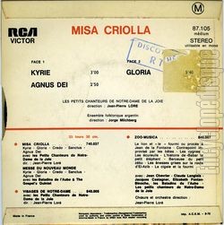 [Pochette de Misa criolla (Les PETITS CHANTEURS de NOTRE-DAME de la JOIE) - verso]