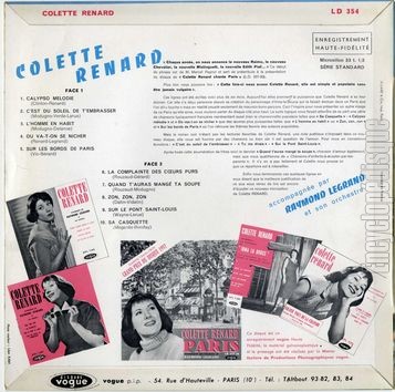 [Pochette de Sur les bords de Paris avec Colette Renard (Colette RENARD) - verso]