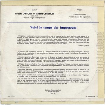 [Pochette de Robert Laffont vous prsente lui-mme "Voici le temps des imposteurs", le quinzime roman de Gilbert Cesbron (DICTION) - verso]