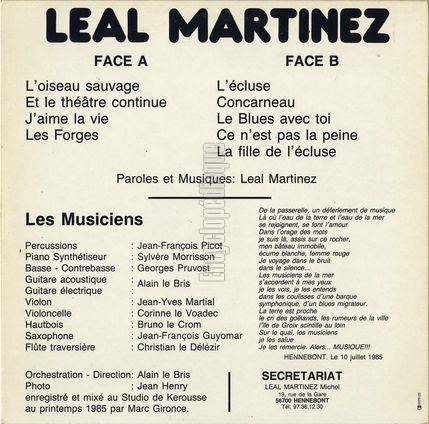 [Pochette de L’oiseau sauvage (Michel LEAL MARTINEZ) - verso]