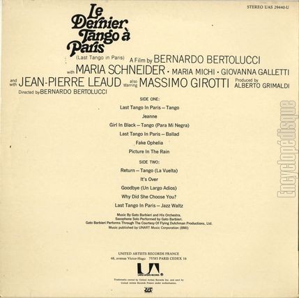 [Pochette de Le dernier tango  Paris (B.O.F.  Films ) - verso]