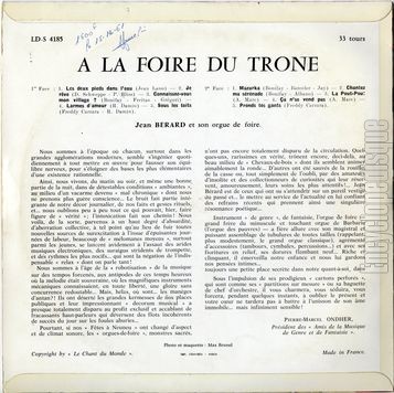 [Pochette de  la foire du Trne (Jean BRARD) - verso]