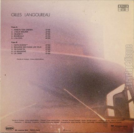 [Pochette de Arte ton cinma / J’veux mourir / Hlne H (Gilles LANGOUREAU) - verso]
