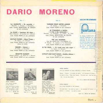 [Pochette de La marmite, La pluie, Brigitte Bardot… (Dario MORENO) - verso]