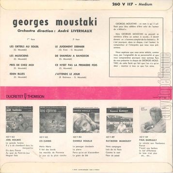 [Pochette de Les orteils au soleil, Les musiciens, Eden blues… (Georges MOUSTAKI) - verso]