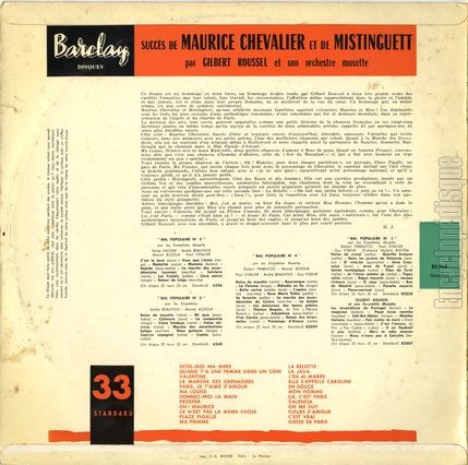 [Pochette de Succs de Maurice Chevalier et de Mistinguett (Gilbert ROUSSEL) - verso]
