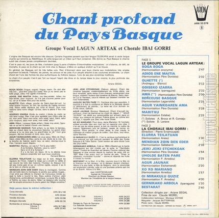 [Pochette de Chant profond du Pays Basque (Groupe vocal LAGUN ARTEAK et chorale TBAI GORRI) - verso]