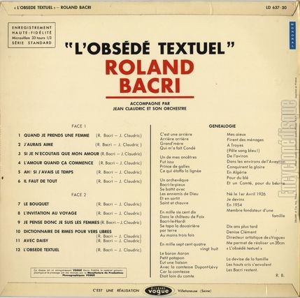 [Pochette de L’obsd textuel (Roland BACRI) - verso]