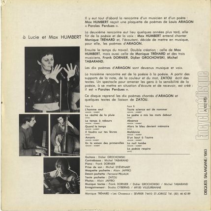 [Pochette de Aragon/Humbert "Paroles perdues" (Monique TRHARD) - verso]