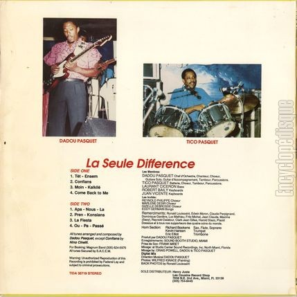 [Pochette de La seule diffrence (MAGNUM BAND) - verso]
