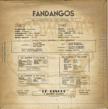 [Pochette de Bal champtre au Pays Basque n 3 - Fandangos (l’orchestre RAMUNTCHO (de Saint-Jean-Pied-De-Port)) - verso]