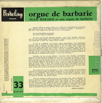 [Pochette de Orgue de barbarie (Jean BRARD) - verso]